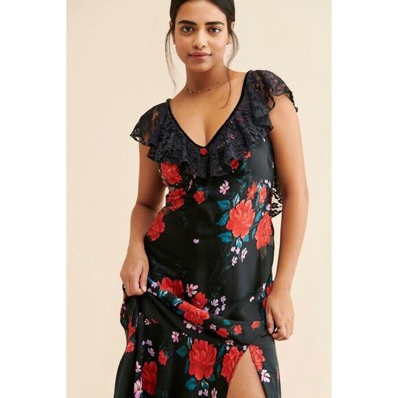 NWT Free People Warm Hearts Floral Lace Neckline Asymmetrical Midi Dress Xs - Picture 4 of 10